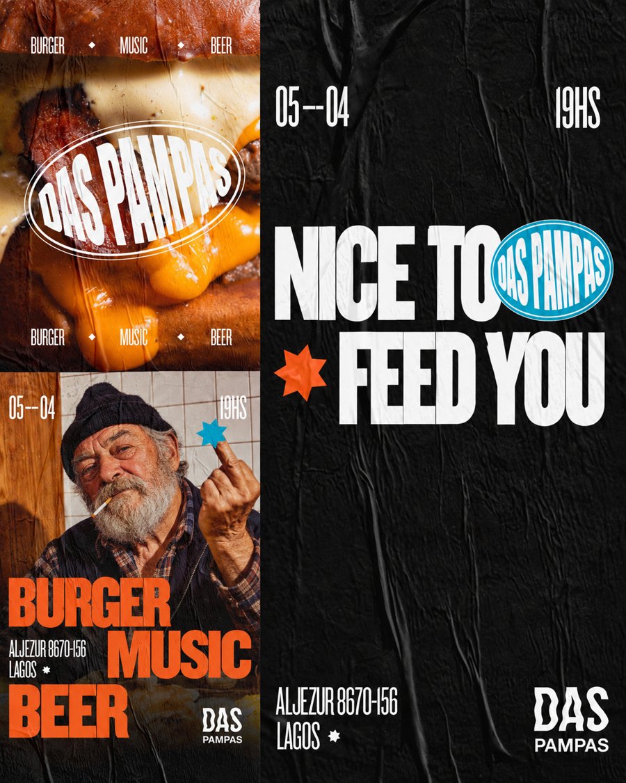 Piezas de identidad para Das Pampas: afiches Nice to feed you y Burger Music Beer
